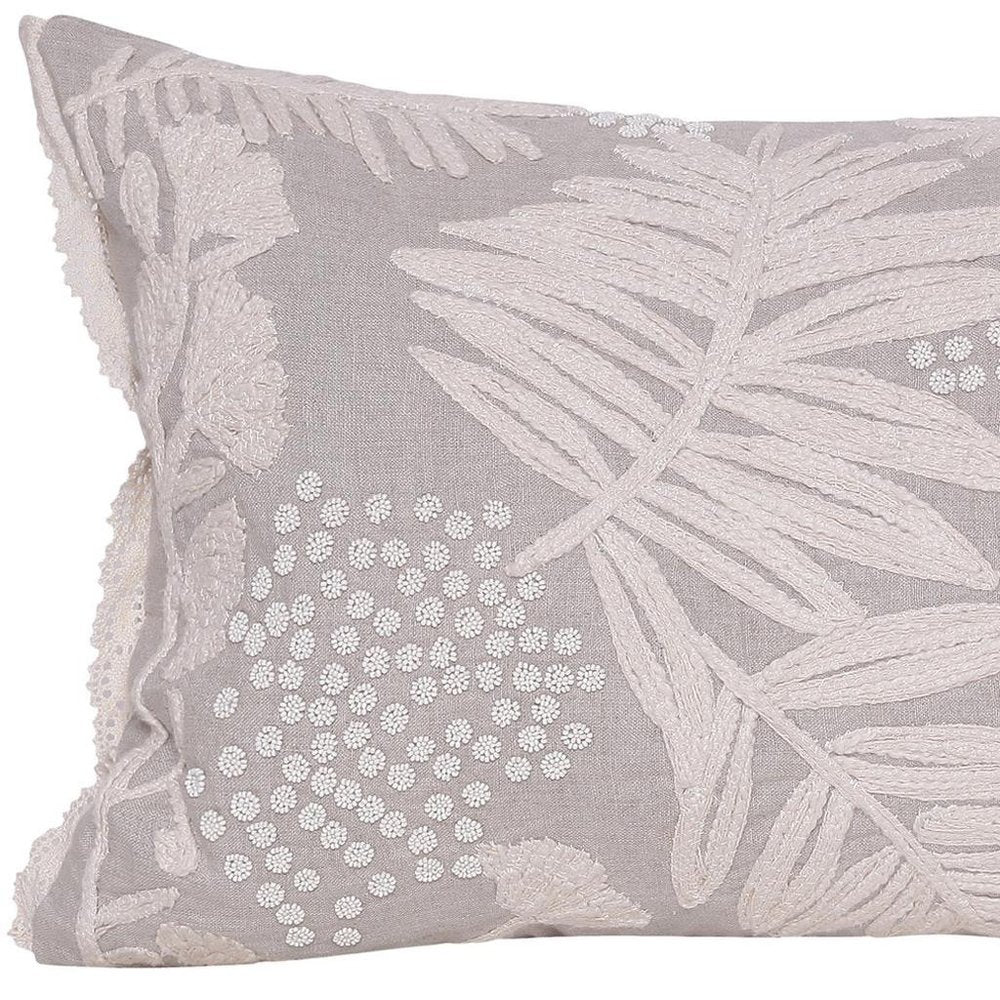 16" X 24" Beige And Gray Lumbar Floral Linen Throw Pillow Cover