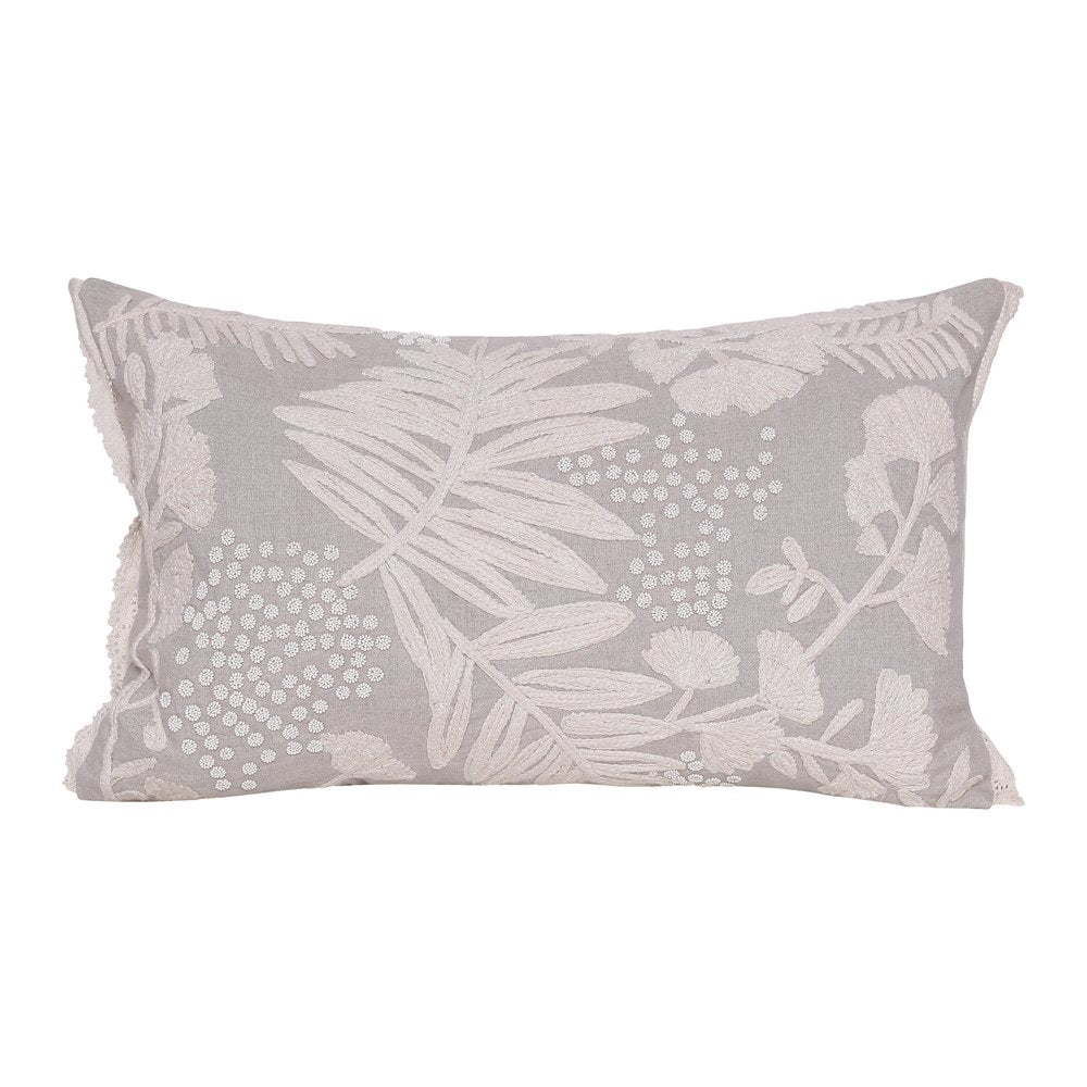 16" X 24" Beige And Gray Lumbar Floral Linen Throw Pillow Cover