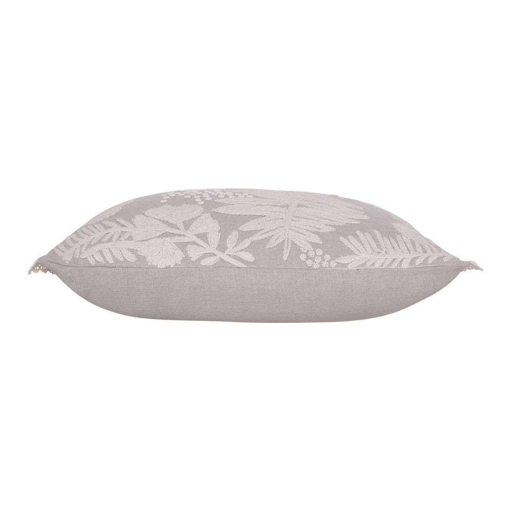 16" X 24" Beige And Gray Lumbar Floral Linen Throw Pillow Cover