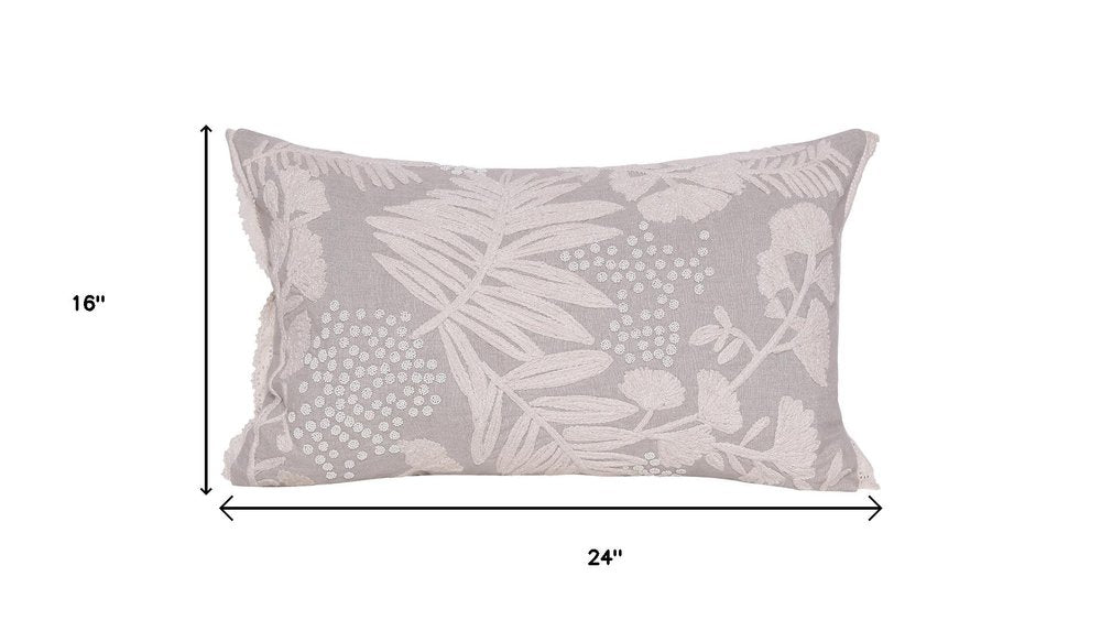 16" X 24" Beige And Gray Lumbar Floral Linen Throw Pillow Cover
