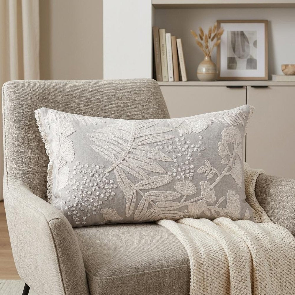 16" X 24" Beige And Gray Lumbar Floral Linen Throw Pillow Cover