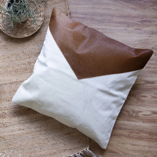20" Ivory And Brown Color Block Faux Leather Throw Pillow Cover