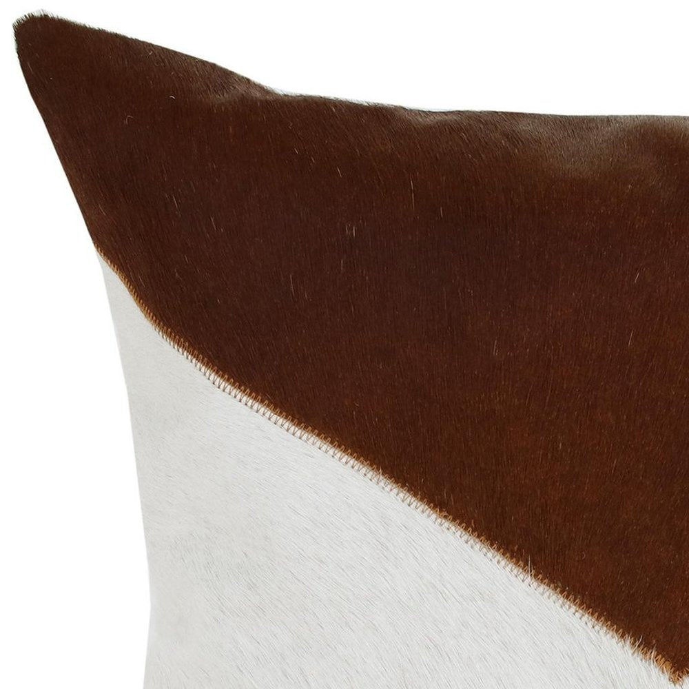 20" Ivory And Brown Color Block Faux Leather Throw Pillow Cover