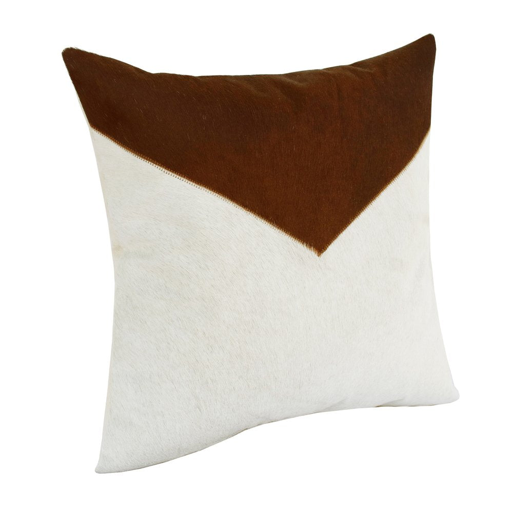 20" Ivory And Brown Color Block Faux Leather Throw Pillow Cover