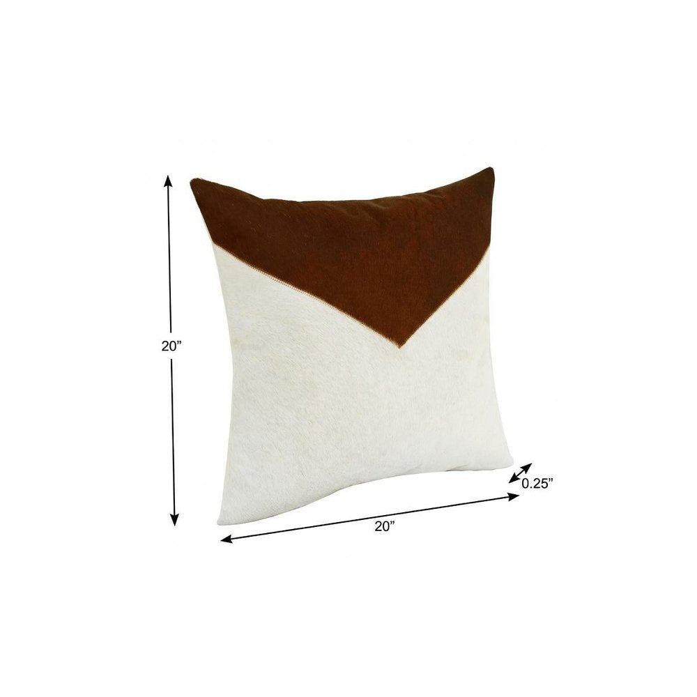 20" Ivory And Brown Color Block Faux Leather Throw Pillow Cover