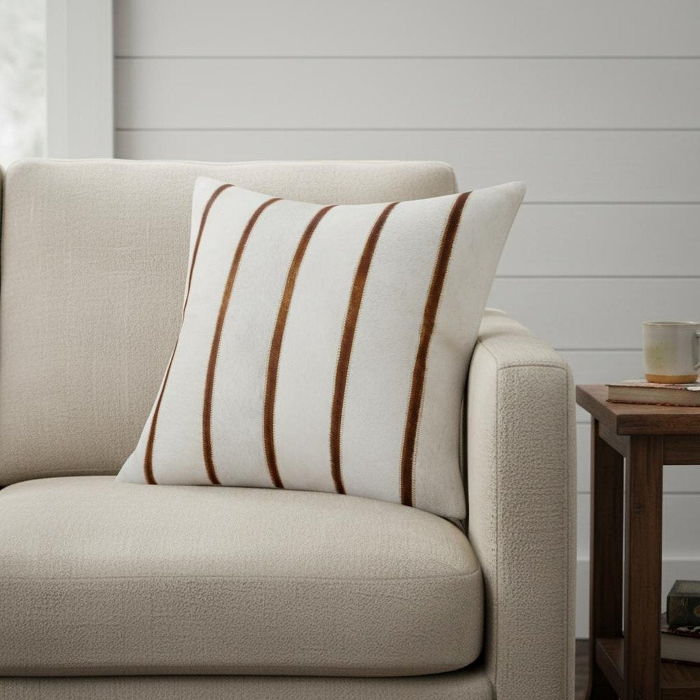 20" Ivory And Brown Striped Faux Leather Throw Pillow Cover