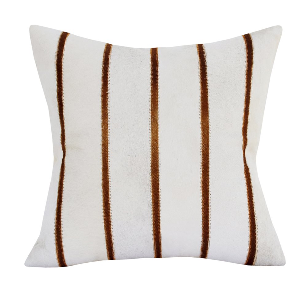 20" Ivory And Brown Striped Faux Leather Throw Pillow Cover