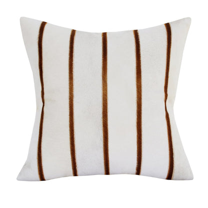 20" Ivory And Brown Striped Faux Leather Throw Pillow Cover