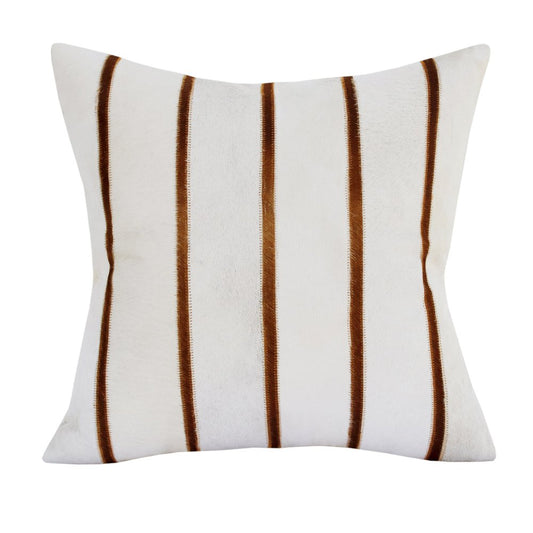 20" Ivory And Brown Striped Faux Leather Throw Pillow Cover