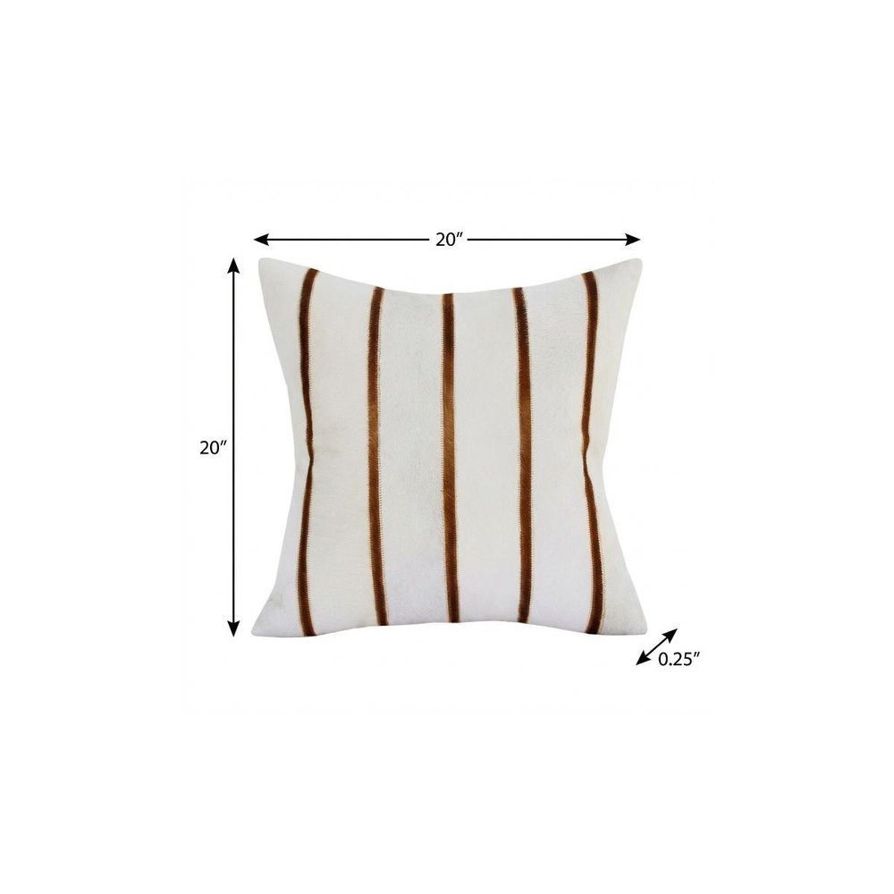 20" Ivory And Brown Striped Faux Leather Throw Pillow Cover