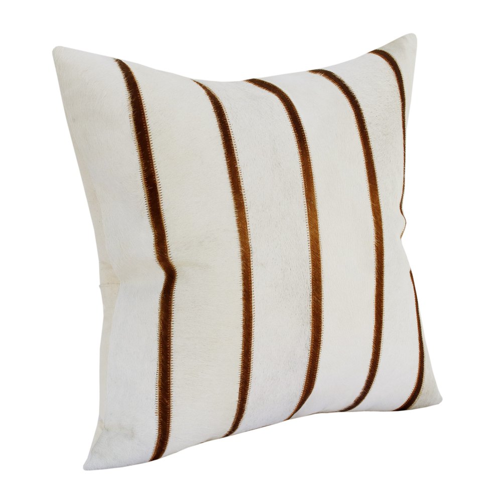 20" Ivory And Brown Striped Faux Leather Throw Pillow Cover