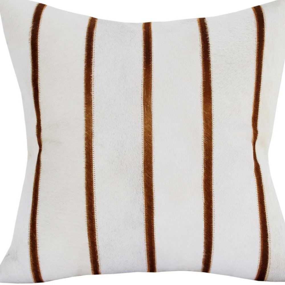 20" Ivory And Brown Striped Faux Leather Throw Pillow Cover
