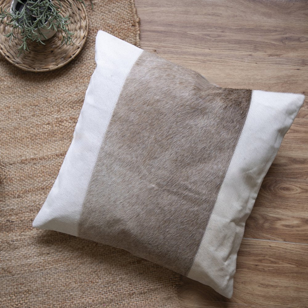 20" Ivory And Beige Striped Faux Leather Throw Pillow Cover