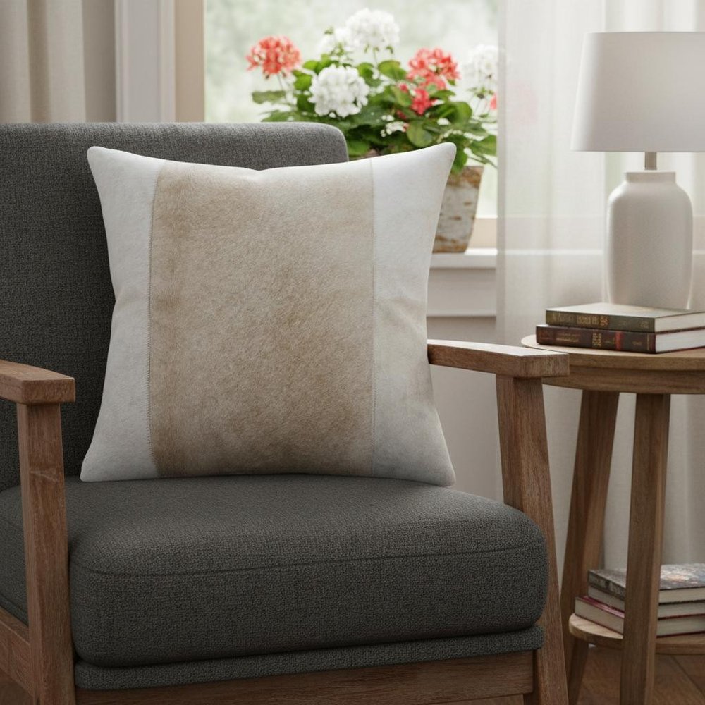 20" Ivory And Beige Striped Faux Leather Throw Pillow Cover