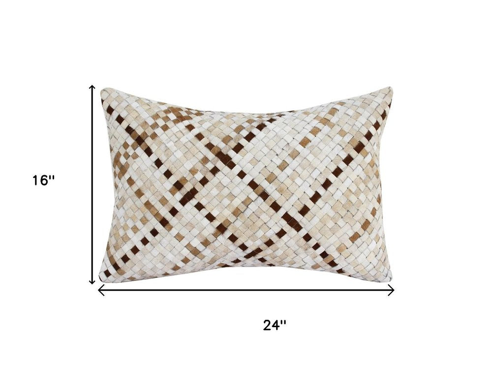 16" X 24" Ivory And Brown Lumbar Check Faux Leather Throw Pillow Cover