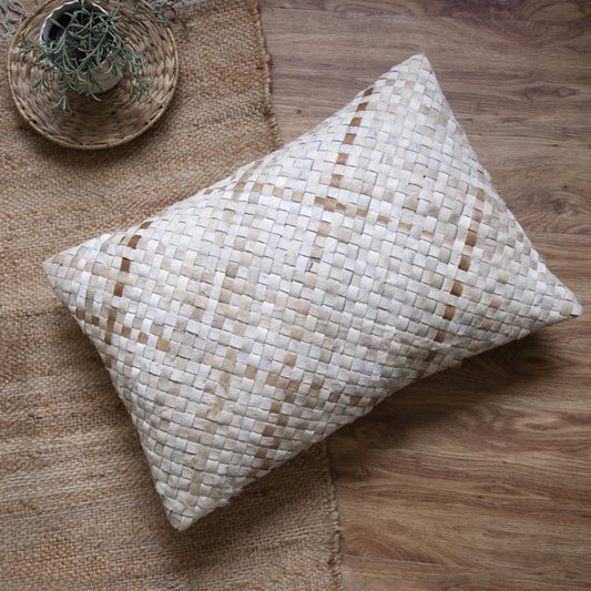 16" X 24" Ivory And Brown Lumbar Check Faux Leather Throw Pillow Cover