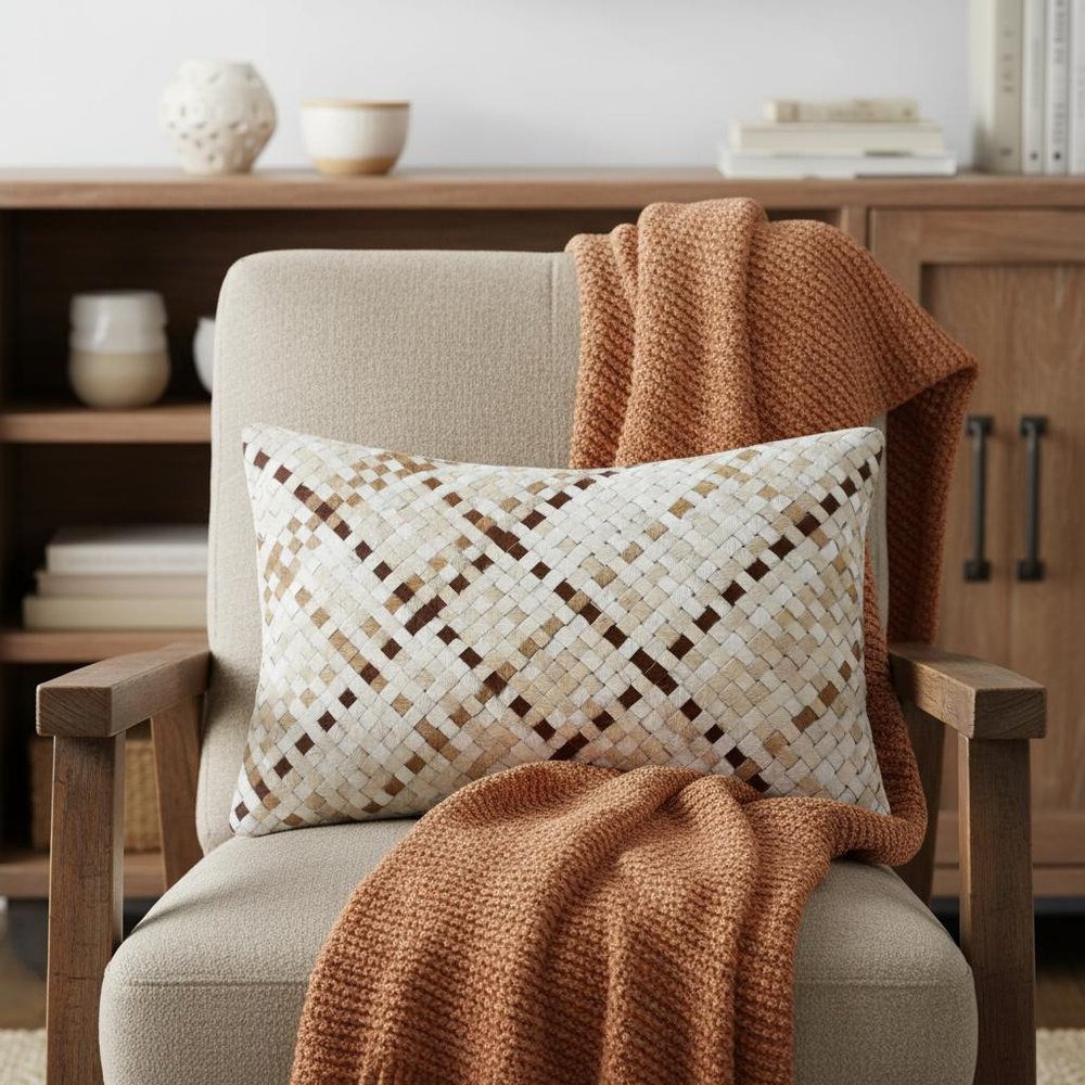 16" X 24" Ivory And Brown Lumbar Check Faux Leather Throw Pillow Cover