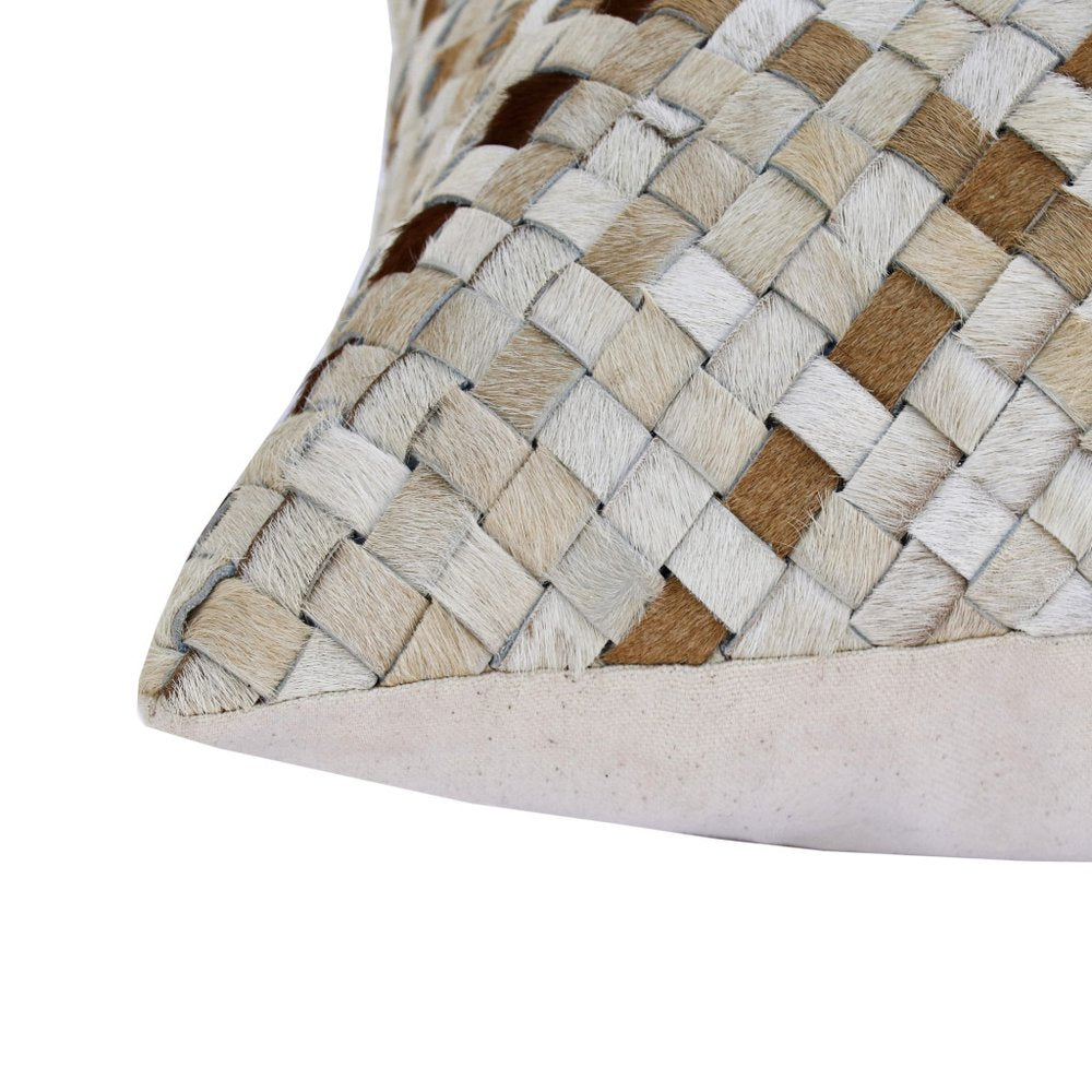 16" X 24" Ivory And Brown Lumbar Check Faux Leather Throw Pillow Cover