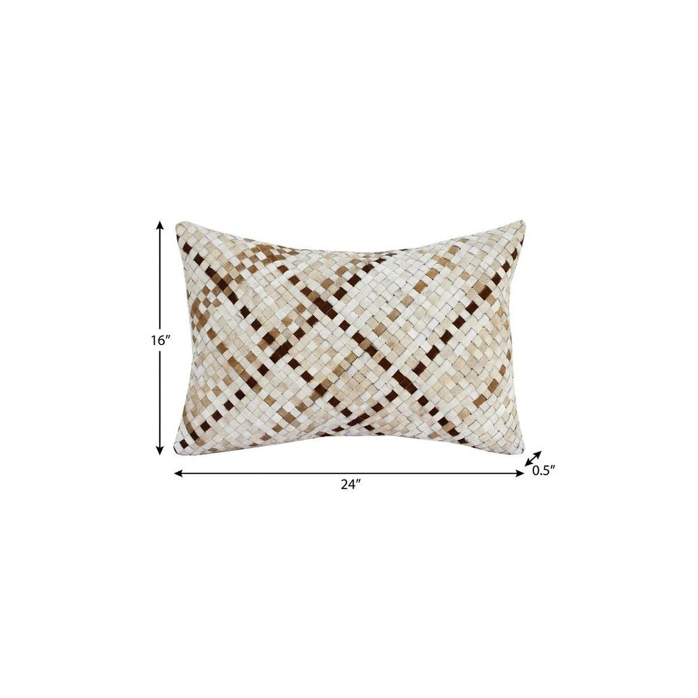 16" X 24" Ivory And Brown Lumbar Check Faux Leather Throw Pillow Cover