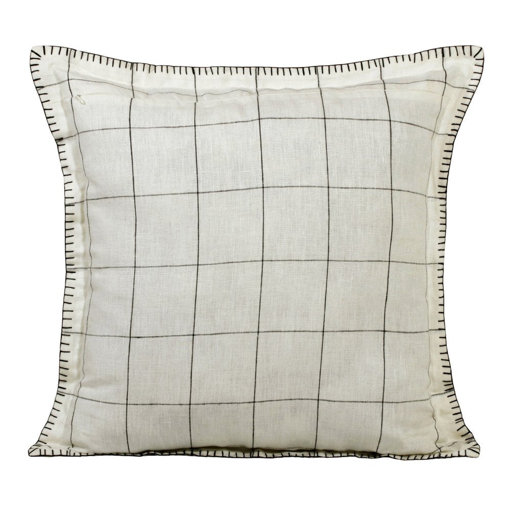 20" Ivory And Black Check Linen Throw Pillow Cover