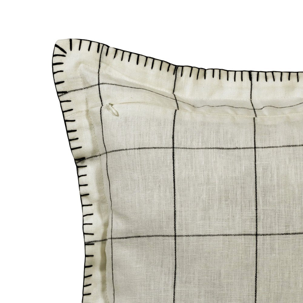 20" Ivory And Black Check Linen Throw Pillow Cover