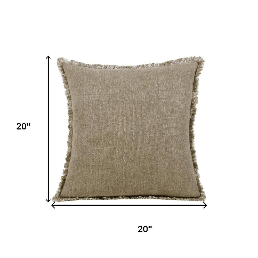 20" Brown And Beige Linen Throw Pillow Cover with Fringe