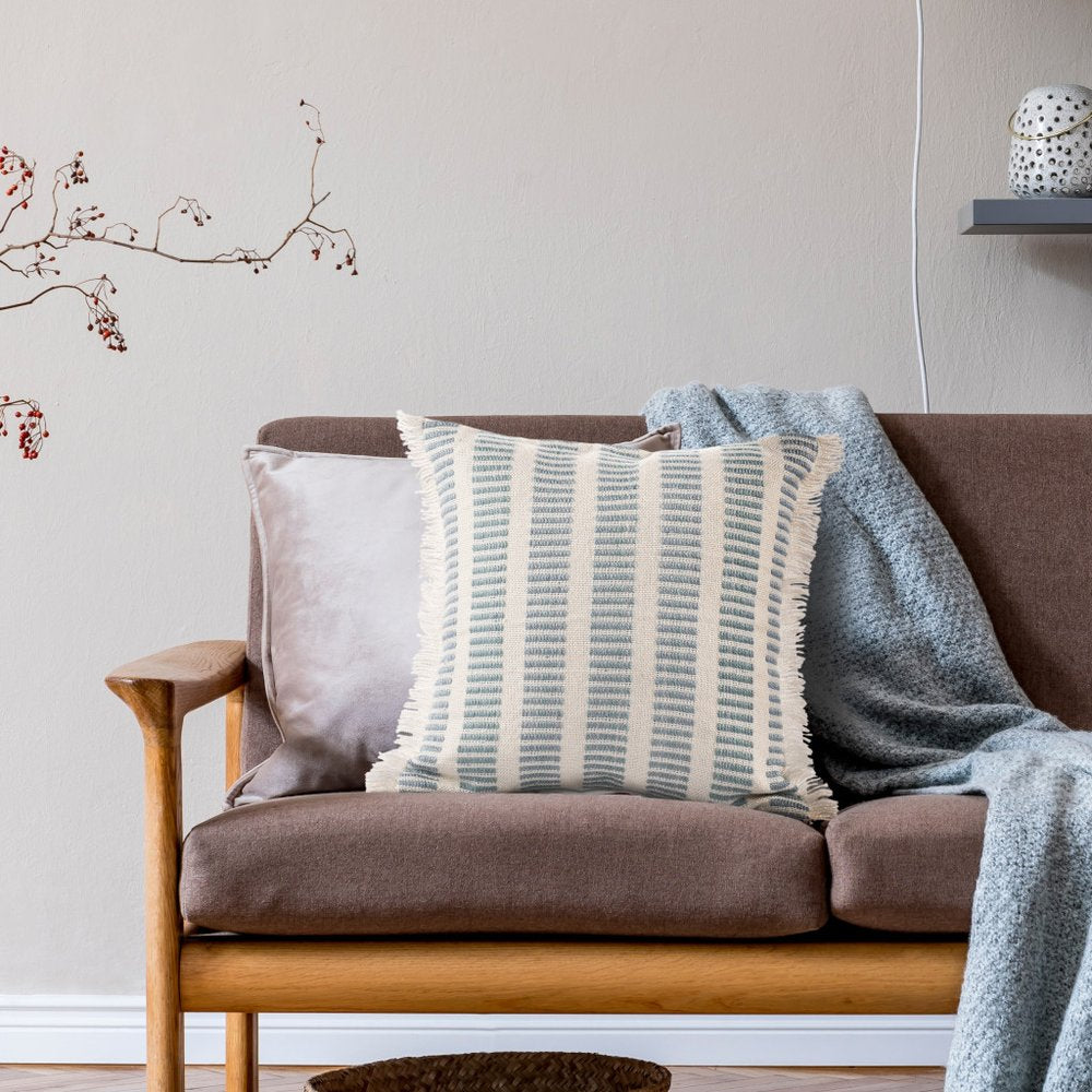 20" Blue And Ivory Striped Throw Pillow Cover