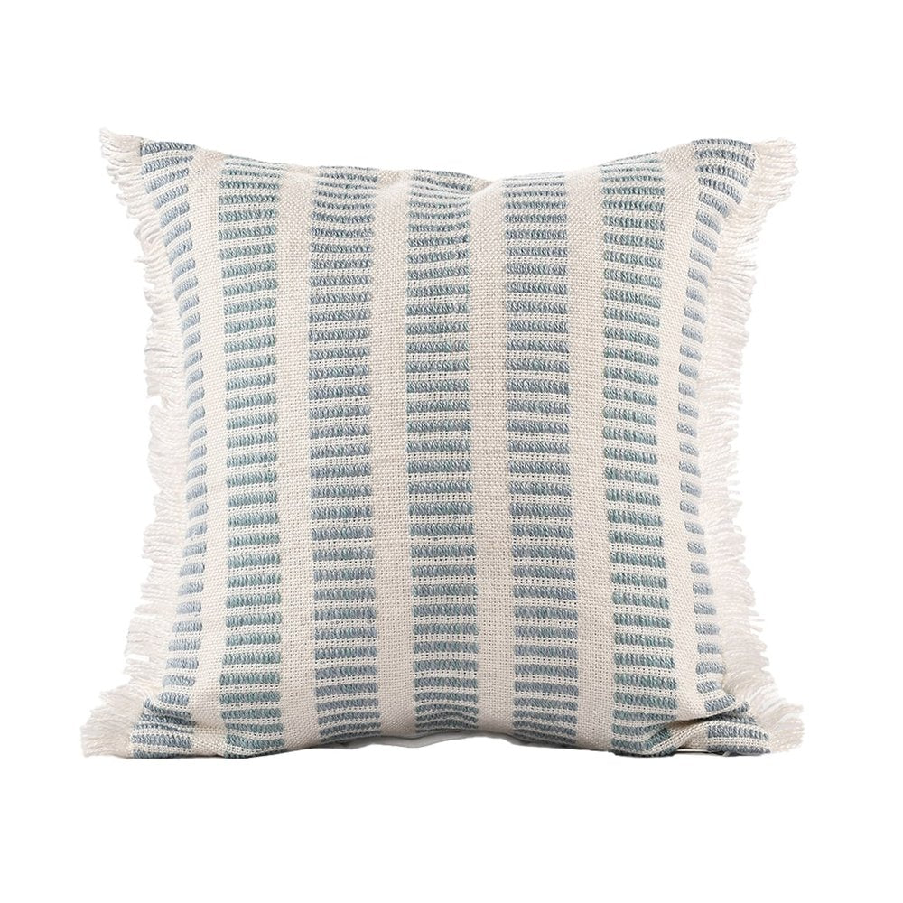 20" Blue And Ivory Striped Throw Pillow Cover with Fringe