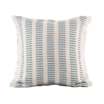 20" Blue And Ivory Striped Throw Pillow Cover with Fringe