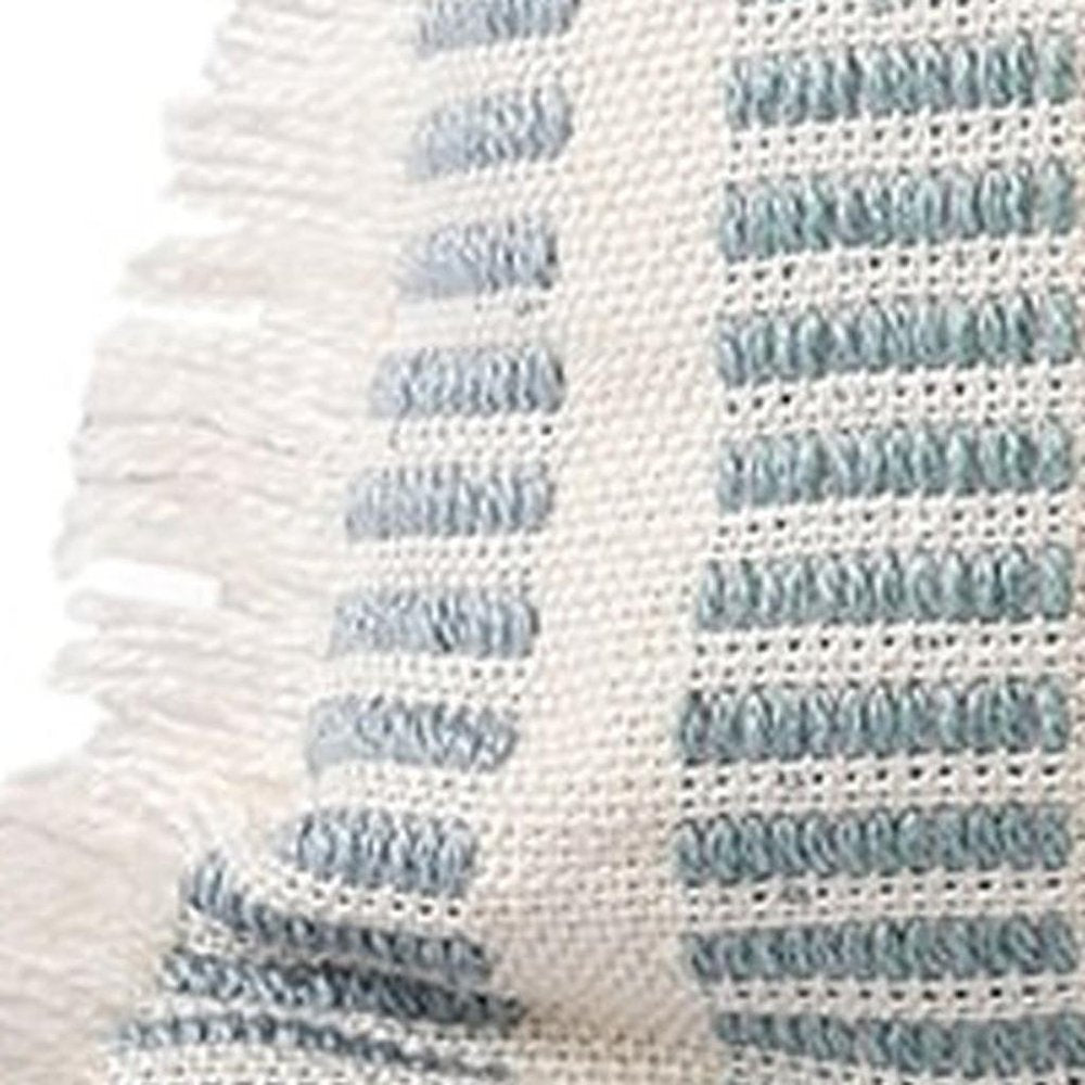 20" Blue And Ivory Striped Throw Pillow Cover with Fringe