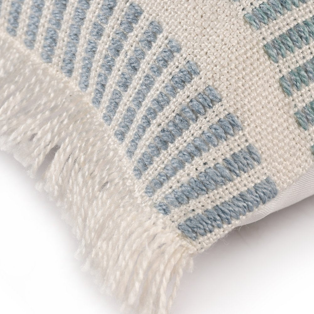 20" Blue And Ivory Striped Throw Pillow Cover with Fringe
