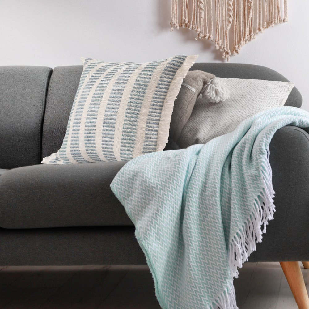 20" Blue And Ivory Striped Throw Pillow Cover