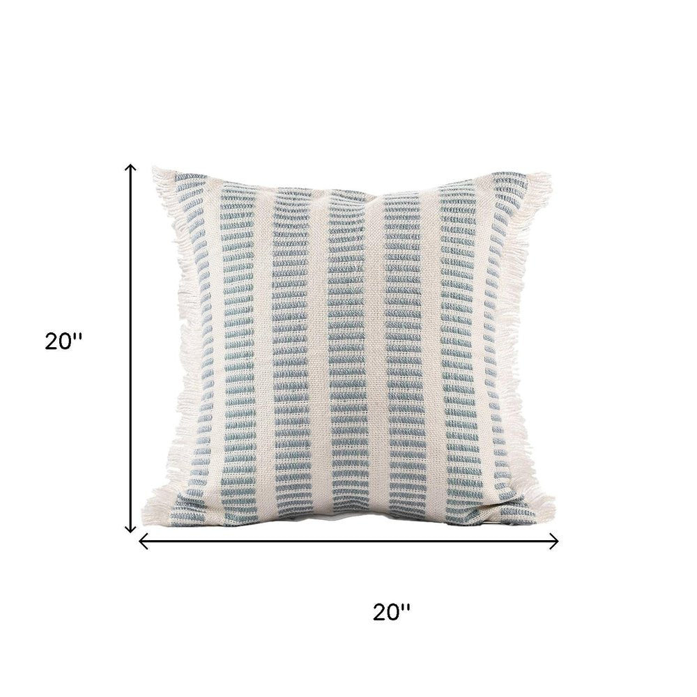 20" Blue And Ivory Striped Throw Pillow Cover with Fringe