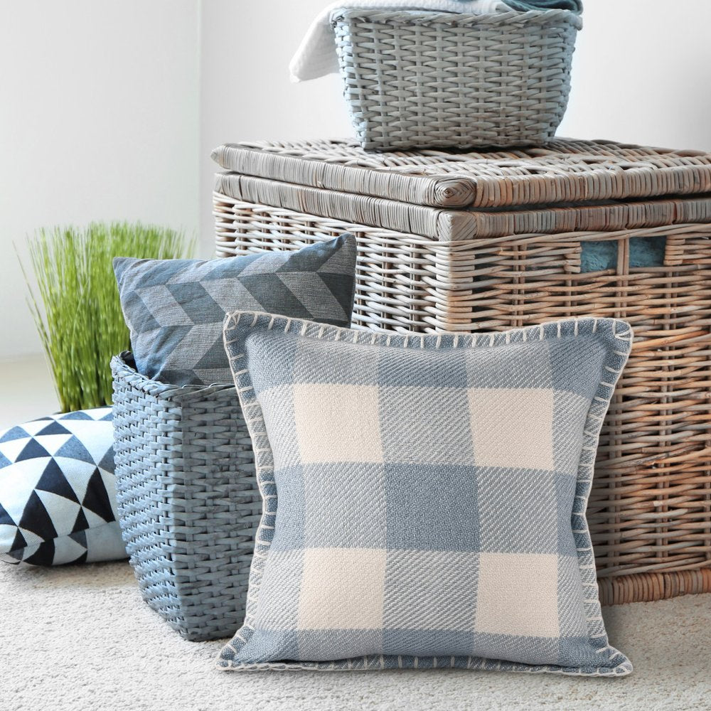 20" Blue And Ivory Plaid Throw Pillow Cover