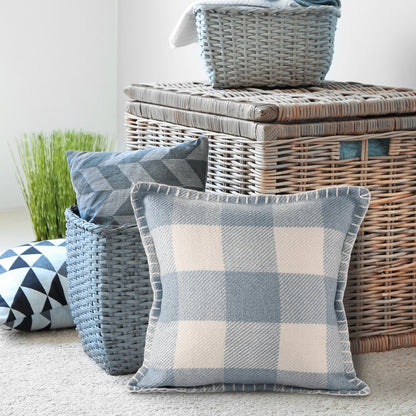 20" Blue And Ivory Plaid Throw Pillow Cover