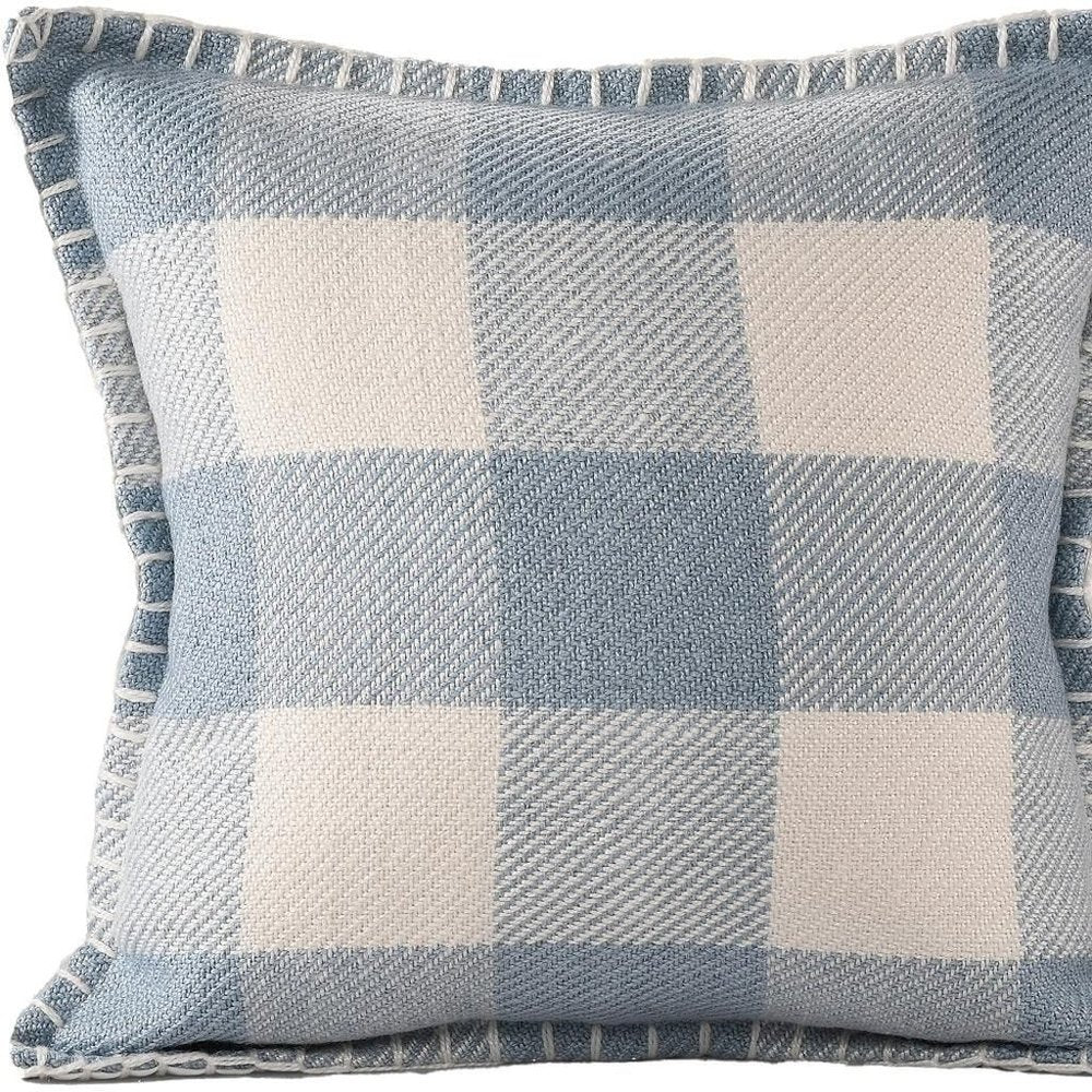 20" Blue And Ivory Plaid Throw Pillow Cover