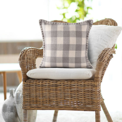 20" Light Gray And Ivory Plaid Throw Pillow Cover