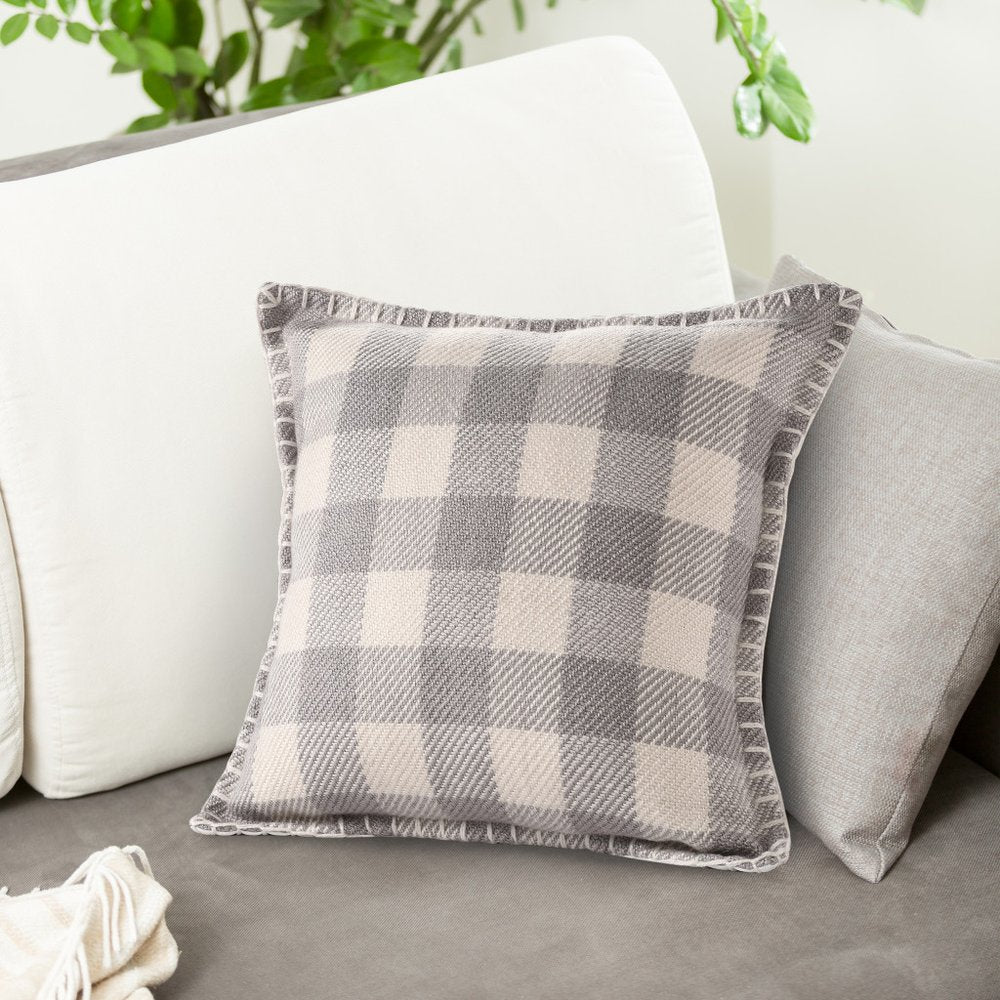 20" Light Gray And Ivory Plaid Throw Pillow Cover