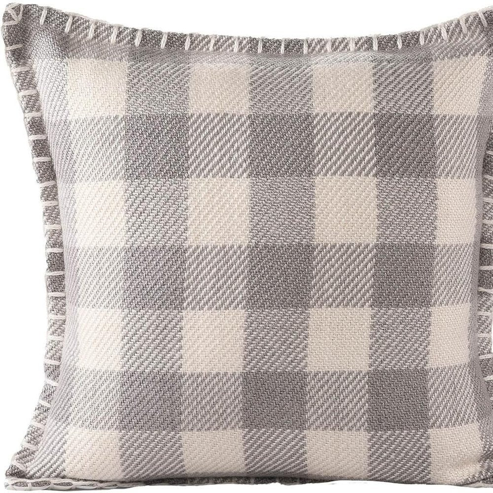 20" Light Gray And Ivory Plaid Throw Pillow Cover