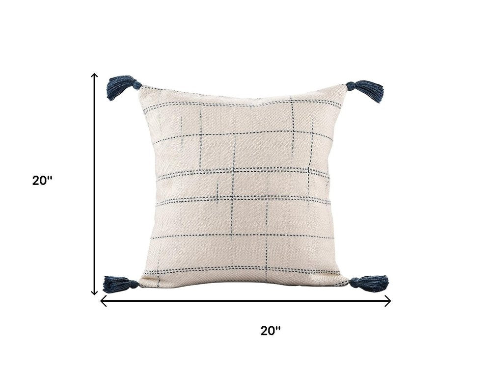 20" Blue And Ivory Beach Geometric Throw Pillow Cover with Tassels