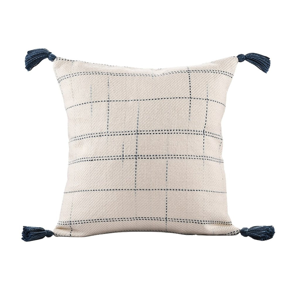 20" Blue And Ivory Beach Geometric Throw Pillow Cover with Tassels