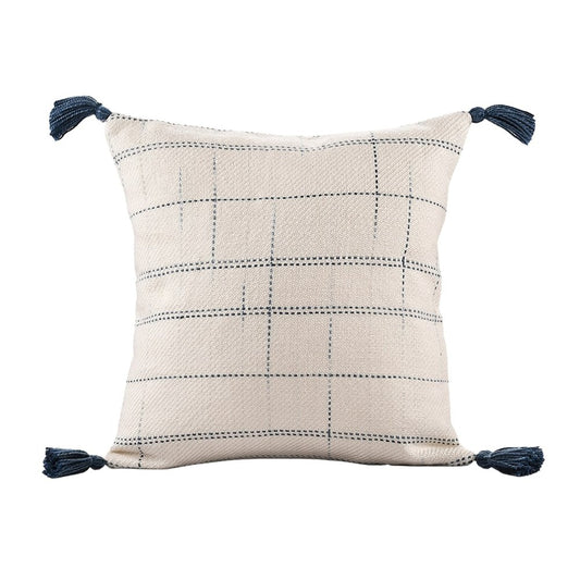 20" Blue And Ivory Beach Geometric Throw Pillow Cover with Tassels