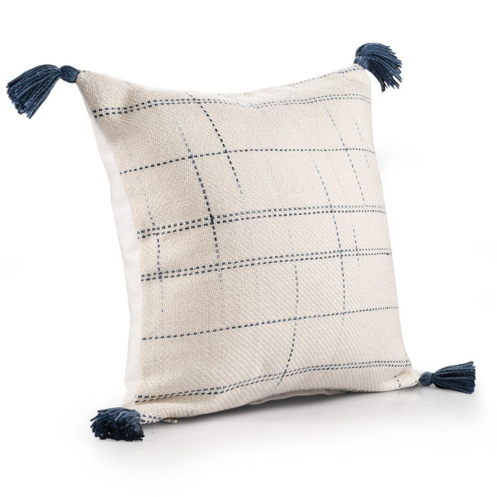 20" Blue And Ivory Beach Geometric Throw Pillow Cover with Tassels