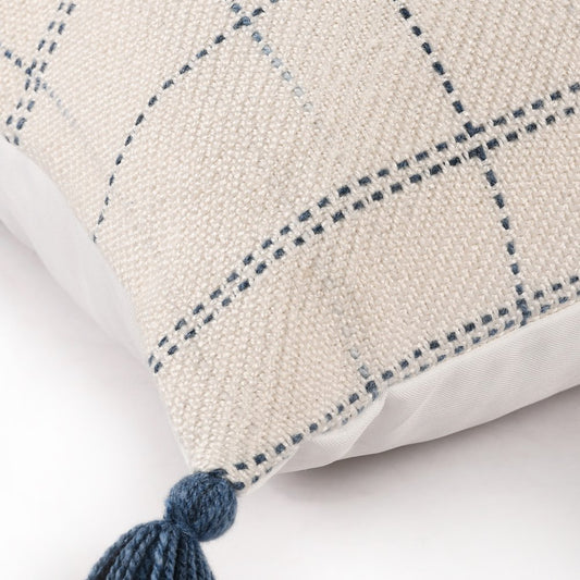 20" Blue And Ivory Beach Geometric Throw Pillow Cover with Tassels