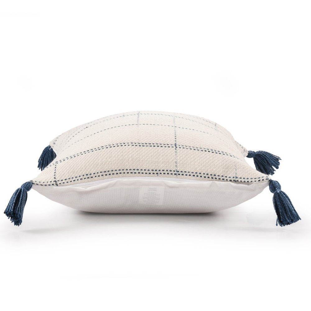 20" Blue And Ivory Beach Geometric Throw Pillow Cover with Tassels