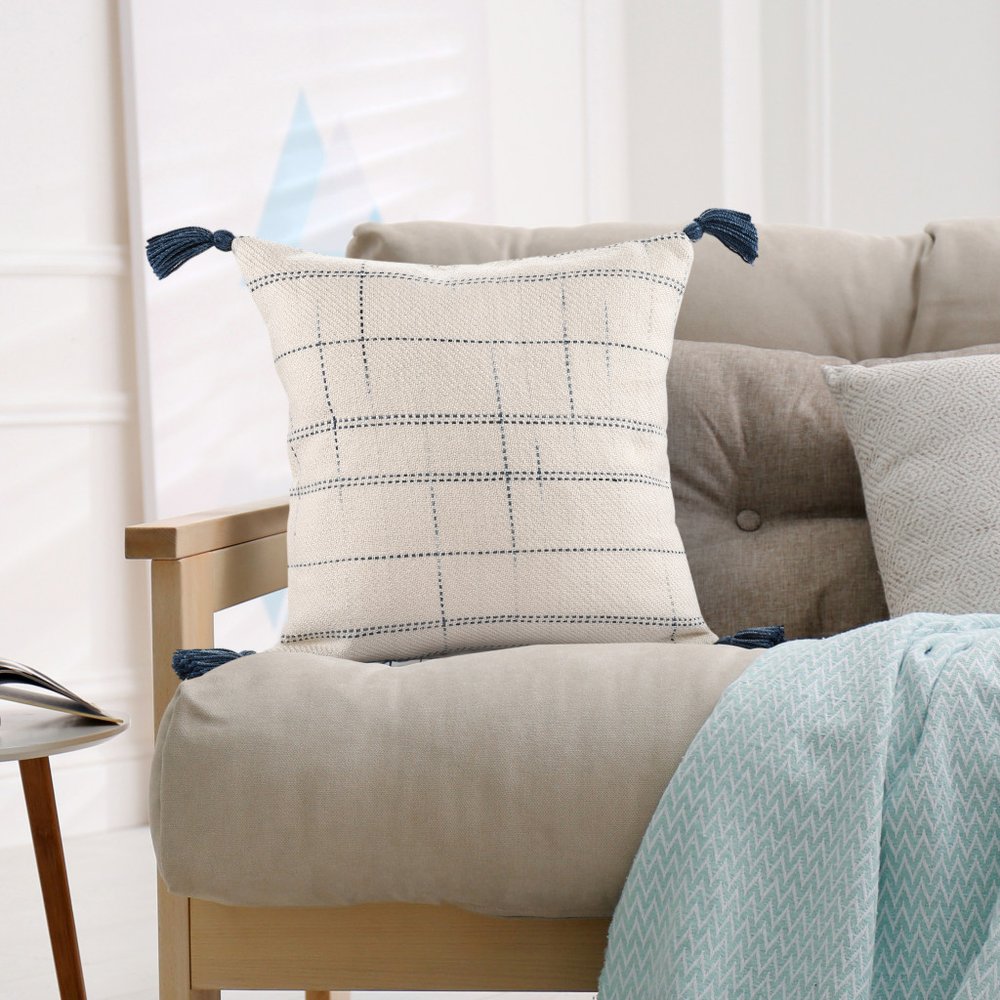 20" Ivory And Blue Geometric Throw Pillow Cover