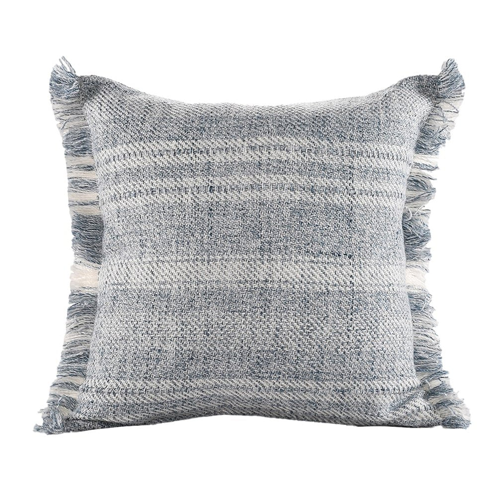 20" Gray And Ivory Striped Throw Pillow Cover with Fringe