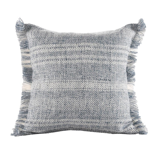 20" Gray And Ivory Striped Throw Pillow Cover with Fringe