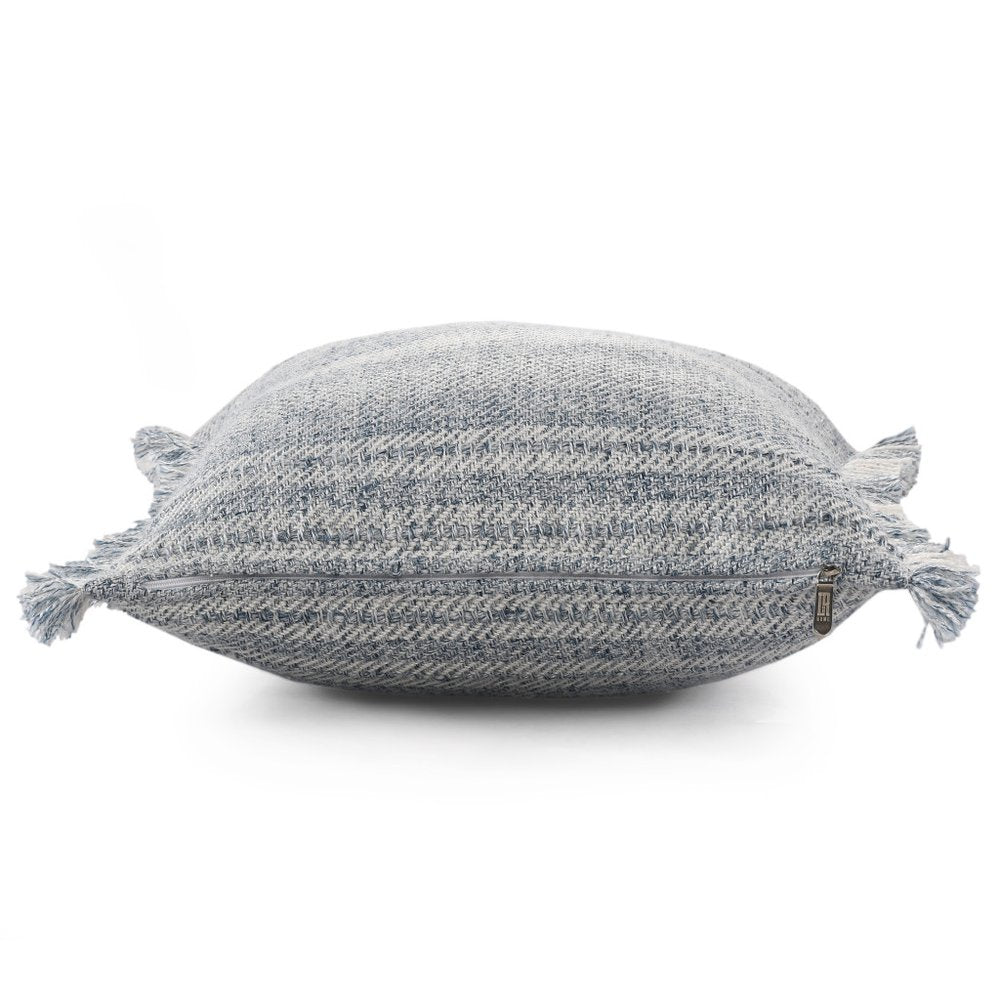 20" Gray And Ivory Striped Throw Pillow Cover with Fringe
