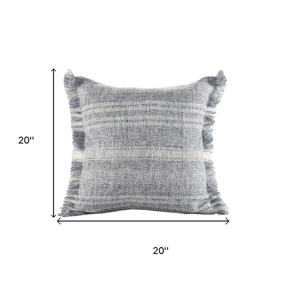 20" Gray And Ivory Striped Throw Pillow Cover with Fringe